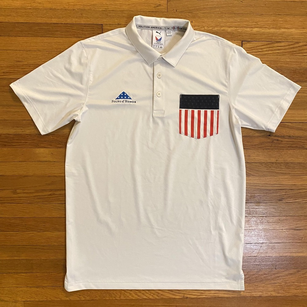 Puma Volition America Polo Shirt Mens Small White Folds Of Honor Golf USA Flag